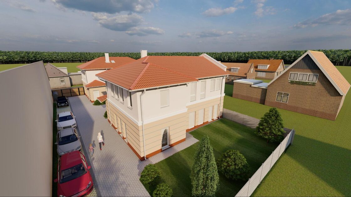 A Bocskai utca 24. társasház légi látványterve: zárt udvar, telken belüli parkolósor és füvesített kert.